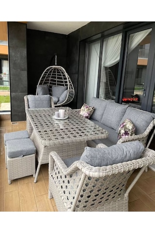 Sercangarden Salincak Hediyeli Rattan Bahçe Takımı Oturma Grubu 3lü - 7 Kişilik Gri