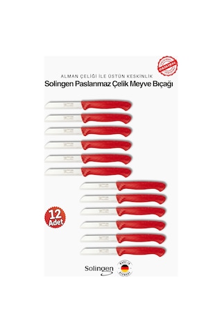Solingen Profesyonel Kırmızı Meyve Bıçağı Ultra Keskin Paslanmaz Çelik Mutfak Bıçağı - 12'li Set Kırmızı