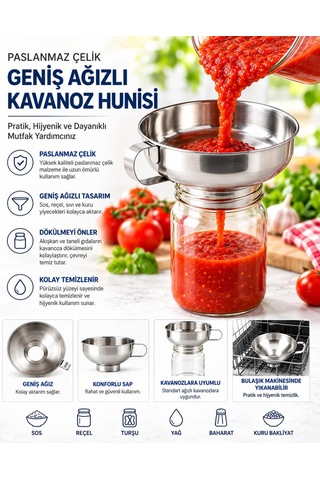 Paslanmaz Çelik Geniş Ağızlı Kavanoz Hunisi 15 Cm Salça, Reçel, Sos, Yağ Ve Bakliyat Aktarma Hunisi
