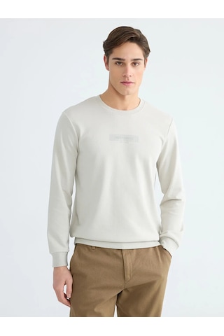 Lc Waikiki Bej Bisiklet Yaka Baskılı Erkek Sweatshirt