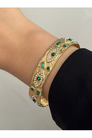 Gold Vintage Yeşil Taşlı Göz Çelik Kelepçe Bileklik Gold