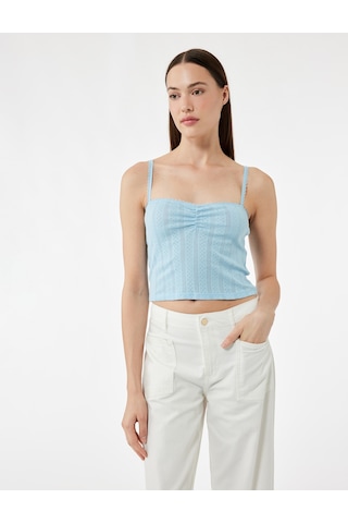 Koton Pamuklu İp Askılı Büzgülü Dokulu Slim Fit Crop Atlet Mavi 5sak10669ek