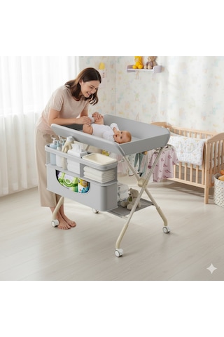 Portatif Bebek Alt Değiştirme Bakım Masası Sepetli Organizer Katlanabilir Taşınabilir İstasyon Tekerlekli Askılık Gri