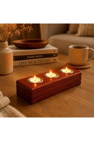 Bfa Store El Yapımı Ahşap Tealight Mumluk, Ceviz Rengi, 3 Mum Kapasiteli, 27x11x6 Cm, Dekoratif Hediyelik Diğer