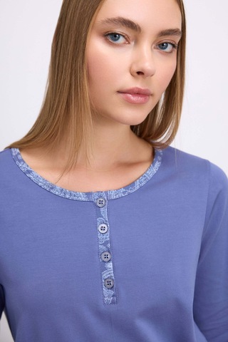 Man11566-1085 Anil Ev Giyim Anıl Kadın Uzun Kollu T-shirt Ve Desenli Pantolon Pijama Takımı 11566 Mavi
