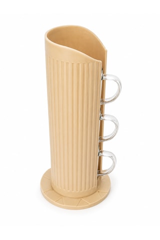 3'lü 100ml Espresso Kortado Türk Kahvesi Fincanı Ve Dikey Ahşap Karışımlı Bardak Standı Seti Açık Ahşap
