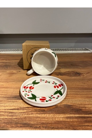 Büyük Kiraz Desenli Tabaklı Seramik Kupa, Mug, Double Türkkahvesi