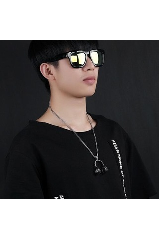 Kolye Erkekler Kulaklık Kolye Paslanmaz Çelik Uzun Zincir Kolye Çelik Altın Kolye Hip Hop Takı Boyun Asılı Altın - Beyaz