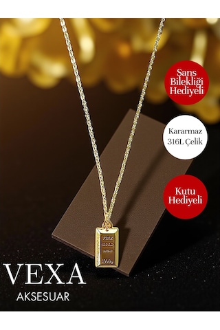 Külçe Altın Görünümlü Kararmaz 316l Çelik Kolye Stainless Steel - Kutu Ve Şans Bilekliği Hediye Altın