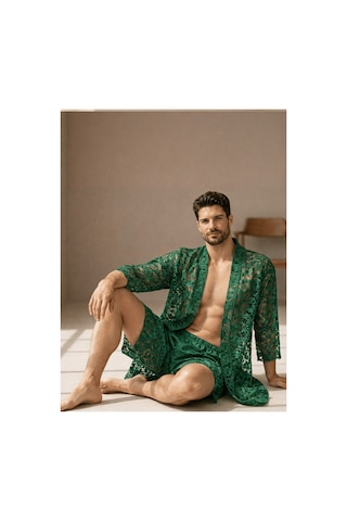 Qmen Style Erkek Kimono Takımı 3 Lü Dantel Set Bornoz + Pantolon + Şort Yeşil