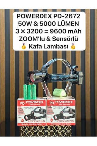 Powerdex Pd-2672 50w & 5000 Lümen 3 3200 9600 Mah Zoomlu & Sensörlü Kafa Lambası Siyah