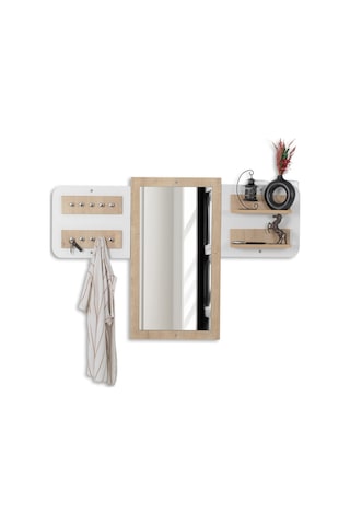 Elbise Askısı / Aynalı Askı / Dekoratif Askılık / Portmanto /duvar Askılık / Flora Dafne Beyaz - Meşe