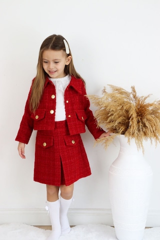 Kız Çocuk Carmen Kırmızı Tüvit Uzun Kollu Düğmeli Etek Ceket Takım Kırmızı