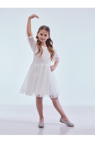 Ahengim Kız Çocuk Yıldız Baskılı Trend Tül Elbise Ak2246 Beyaz
