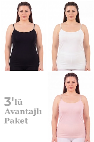 Arma Yıldız Kadın Büyük Beden İp Askılı Atlet Pamuklu Likralı Yumuşak Esnek Kumaş 3'lü Paket Pembe Beyaz Siyah