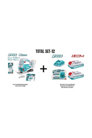 Total Set-12 Total Li-on Akülü Kömürsüz Dekupaj Testere Solo TJSLI1008 + Total P20S 2'li 2.0AH TFBLI2001 Akü ve Şarj Aleti Seti TFBCPK2212E