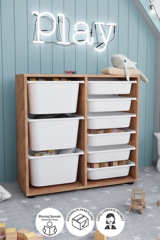 9 Sepetli Dolap Çok Amaçlı Dolap Oyuncak Dolabı Çağla Çam Kahverengi