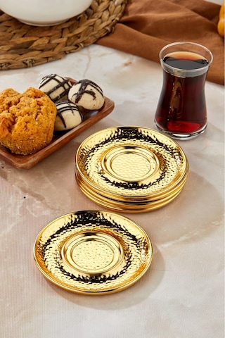 Cooker 6'lı Metal Dövme Desen Çay Tabağı Gold Ckr3577 Gold