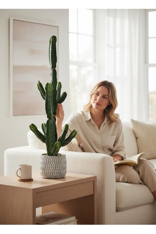 Yapay Kaktüs Euphorbia İngens Şamdan Ağacı Beton Saksıda Yapay Bitki 70cm Yeşil