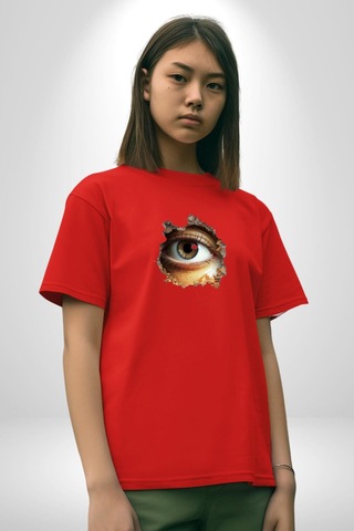Duvardan Biri Bizi Gözetliyor Pamuklu Bisiklet Yaka Unisex Oversize Boyfriend Dijital Baskılı Kırmızı T-shirt Kırmızı