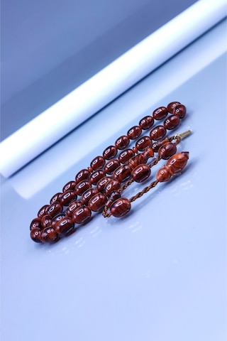 8 x 11 MM Kahverengi Hareli Sıkma Kehribar Tesbih - Ebu Sırr Usta İmzalı Tespih - Ahşap Kutulu