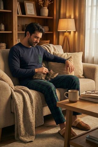 Buratti  Ekoseli Cepli Beli Lastikli % 100 Pamuk Regular Fit Erkek Pijama Takımı 6572001 Lacivert