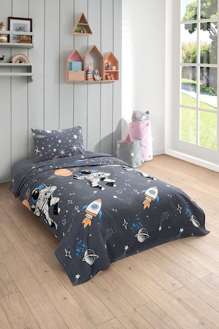 Gofret Detaylı Astronot Baskılı Çocuk-genç Odası Tek Kişilik Pike Gri