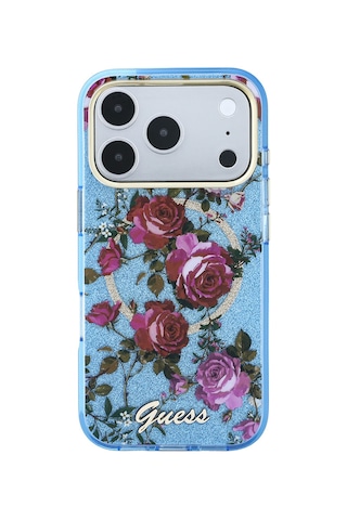 Apple iPhone 18 Pro Max Uyumlu Kılıf Guess Lisanslı M-safeli Gül Desenli Simli Yazı Logolu Kapak Açık Mavi