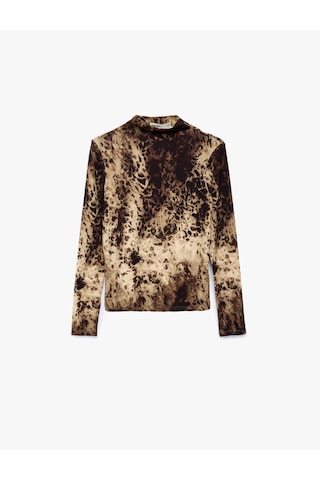 Koton Koton X Şahika Ercümen - Slim Fit Uzun Kollu Dik Yaka Leopar Desenli Tişört Kahverengi Desenli 6wak50427ek Kahverengi Desenli