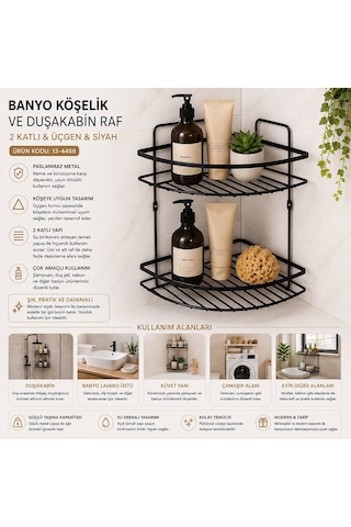 Leva House Lko-2 Lamalı Metal Banyo Köşeliği - 2 Katlı Üçgen Duşakabin Rafı Siyah- 12'li Paket Diğer