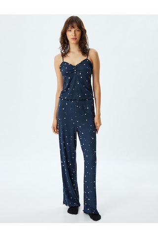 Koton Askılı Fitilli Pijama Üstü Yıldız Baskılı Fırfır Ve Düğme Detaylı Lacivert Desenli 5wlk90016mk Lacivert Desenli