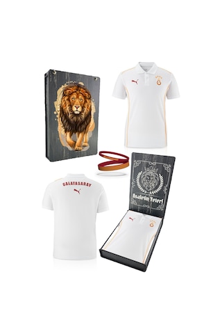 Galatasaray Lisanslı Polo Yaka Beyaz Antrenman T-shirt + Bileklik Set Hediyelik Ahşap Kutulu Beyaz - Bej - Gri
