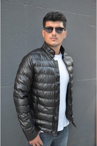 Prifaldi Erkek Dik Yaka Şişme Deri Mont Siyah 001