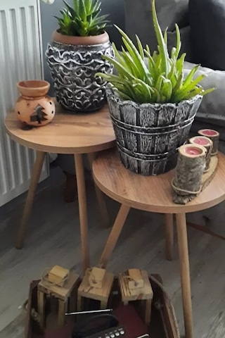 2'li Zigon Sehpa Seti Saksılık Ve Çiçeklik Standı, Dekoratif Yan Sehpa Ahşap Ayaklı 33 Cm Çap - Atlantik Çam Atlantik Çam
