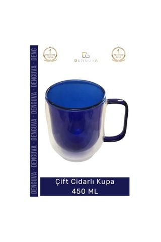 Camkupa Isı Yalıtımlı Modern Tasarım 450 Ml Kapasite Kaliteli Çift Cidarlı Cam Kupa Lacivert Çok Renkli