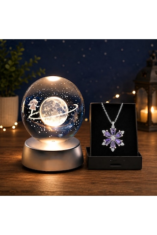 Kişiye Özel Satürn Işıklı Cam Küre 8cm 6cm Lotus Kamelya Çiçeği Kolye Hediyeli