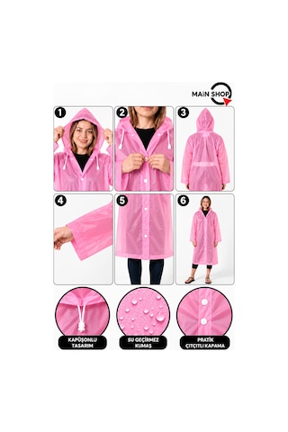 Mainshop Unisex Yağmurluk Kapüşonlu Çıtçıtlı Su Geçirmez Uzun Yağmurluk Kadın Erkek Pembe