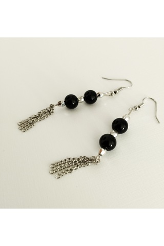 K209 Sallantılı Oniks Doğal Taşlı Küpe Gümüş - Siyah