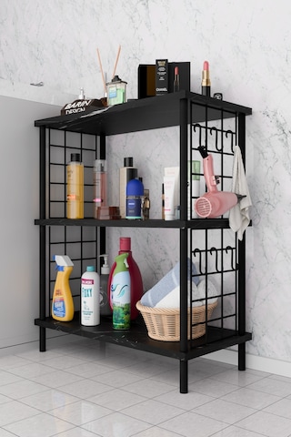 3raflı Telli Çevir Kur Çok Amaçlı Banyo Rafı Dolabı Metal Gövdeli Organizer Düzenleyici Saklama Rafı Siyah