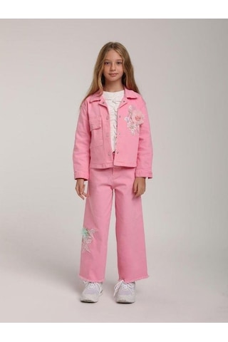 Kız Çocuk Cepli Tül Çiçekli Kot Ceket-15582 Pembe