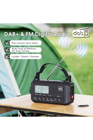 Rocam Dab/dab+/fm 5000 Mah Güneş Enerjili Dijital Acil Durum Radyosu Alarm Saatli Radyolar Siyah