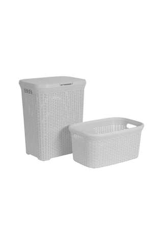 Hasır Desenli Plastik Beyaz Çamaşır Sepeti & Beyaz Çamaşır Selesi Beyaz