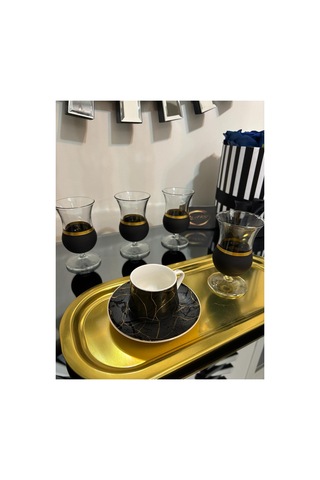Gala 4'lü Kahve Yanı Su Bardağı, Çay Bardağı, Yaldızlı Black 4'lü Ayaklı Bardak Gold-yaldız-çok Renkli-siyah