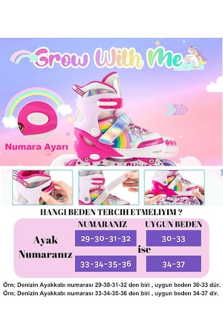 Unisex Unicorn Işıklı Paten Kask Koruma Seti 2+2 Gökkuşağı Kız Çocuk Pateni Silikon Teker,çantalı