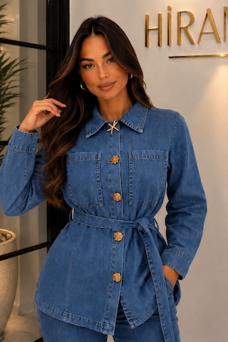 Hiramir Kadın Kot Takım Düğme Detaylı Kuşaklı Ceket Bol Paça Pantolon Takım Yz2521 Ekru