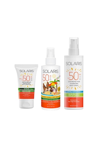 Solaris Yağlı Ciltler İçin Koruyucu Yüz Güneş Kremi SPF50+ 50 ML + Nemlendirici Çocuk Güneş Sprey 150 ML + Güneş Kremleri
