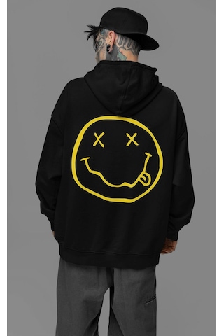 Sevbano Nirvana Yazılı Unisex Oversize Tasarım Hoodie Siyah