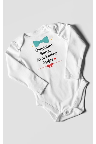 Morivokids Üzgünüm Baba Aynı Kadına Aşığız Uzun Kollu Çıtçıtlı Bebek Body Beyaz