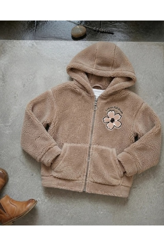 Flower Kız Çocuk Çiçek Nakışlı Peluş Kapüşonlu Kahverengi Hırka Kışlık Açık Kahverengi