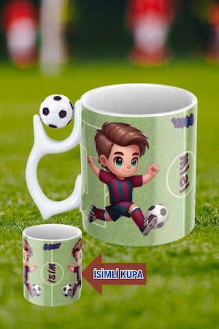 Siyah Beyaz Futbol Toplu Bordo Mavi Forma Oyunculu Taraftar İsimli Baskılı Kupa Bardak Beyaz